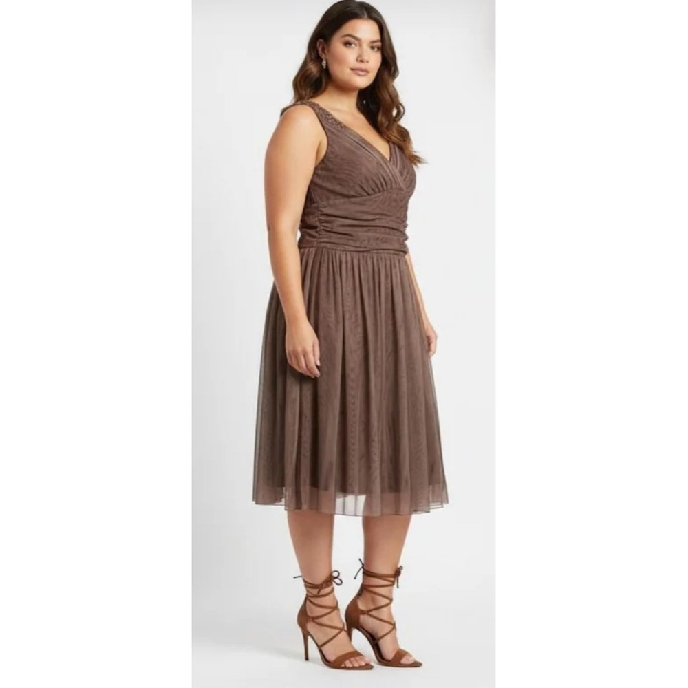 Y2K Torrid Brown Mesh Overlay Cocktail Dress Size 16 Sleeveless Ruched Midi